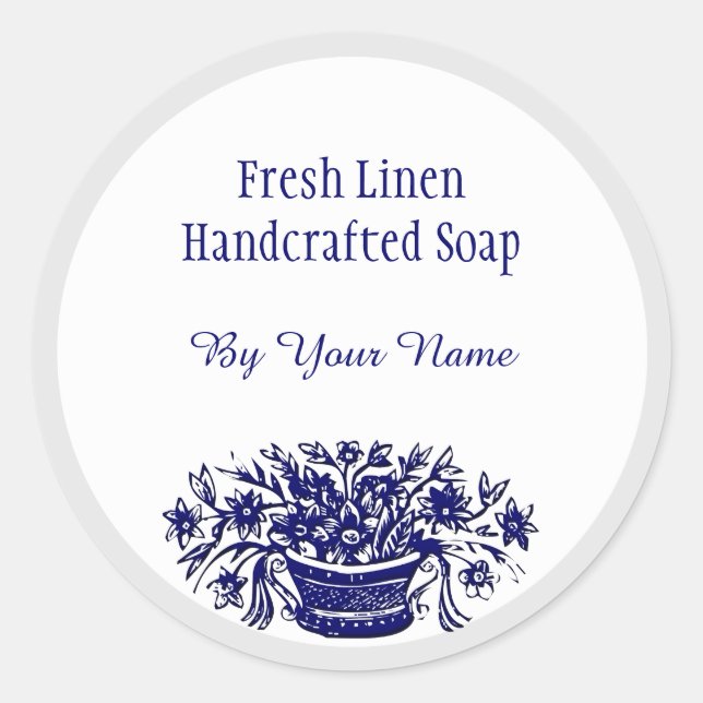 Custom Blue White Vintage Flowers Soap Stickers (Front)