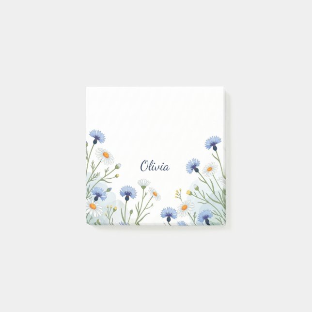 Custom Blue Wildflower Sticky Notes, Personalized Post-it Notes (Front)