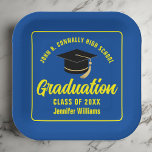 Custom Blue Yellow Graduation Party Square Paper Plate<br><div class="desc">This modern blue and yellow custom graduation party paper plate features classy typography of your high school or college name for the class of 2025. Customize with your graduating year under the chic handwritten script and black grad cap for great personalized graduate decor.</div>