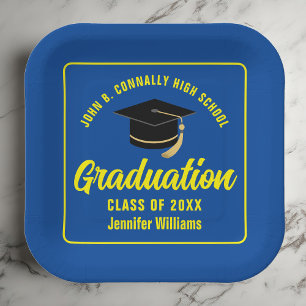 Custom Blue Yellow Graduation Party Square Paper Plate