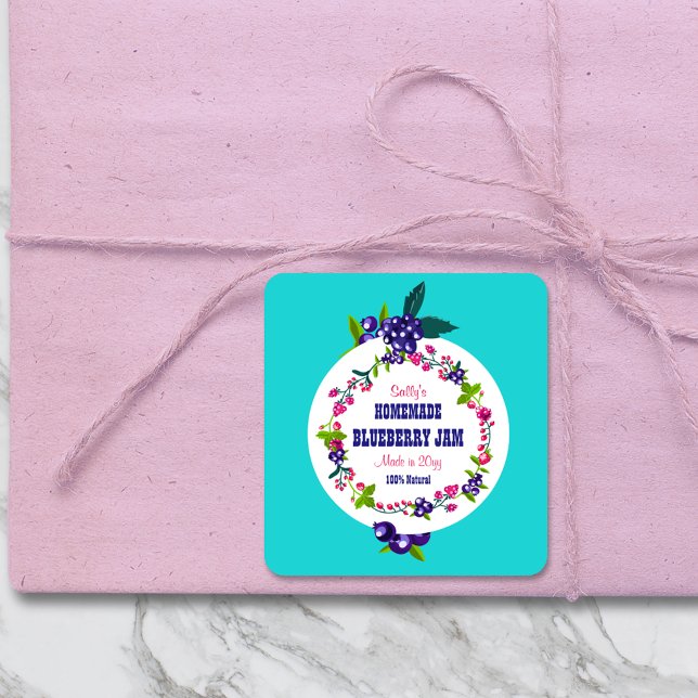 Custom•Blueberry Jam DIY Canning Teal Square Sticker (Creator Uploaded)
