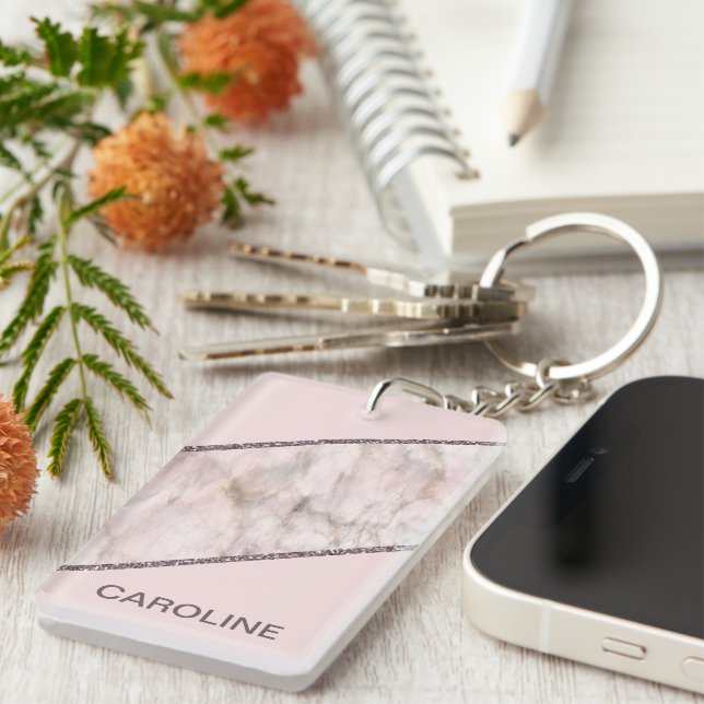 Custom Blush Mauve Pink Glitter Stripes Pattern Keychain (Front Right)