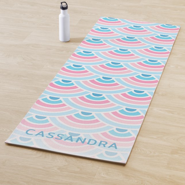 Custom Blush Pink Aqua Blue Wave Circles Pattern Yoga Mat (In Situ)
