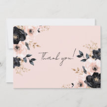 Custom Blush Pink & Black Floral Thank You Card