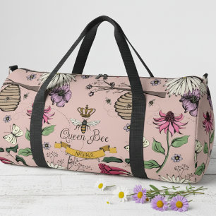 Custom Blush Pink, Black & Gold Queen Bee & Crown Duffle Bag