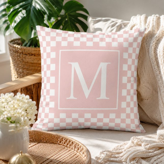 Custom Blush Pink Chequered Monogram Throw Pillow (Creator Uploaded)