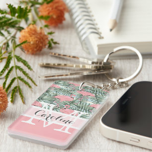 Custom Blush Pink Flamingoes Palm Leafs Pattern Keychain