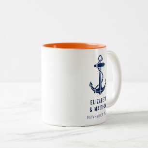 Custom Boat Anchor Navy Blue Beach Wedding Two-Tone Coffee Mug