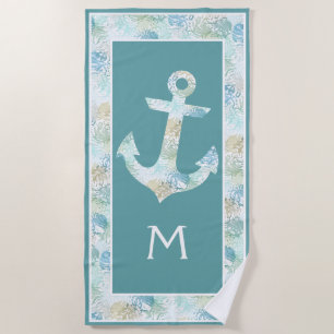 Custom Boat Anchor On Aqua Blue Teal Coral Motif Beach Towel