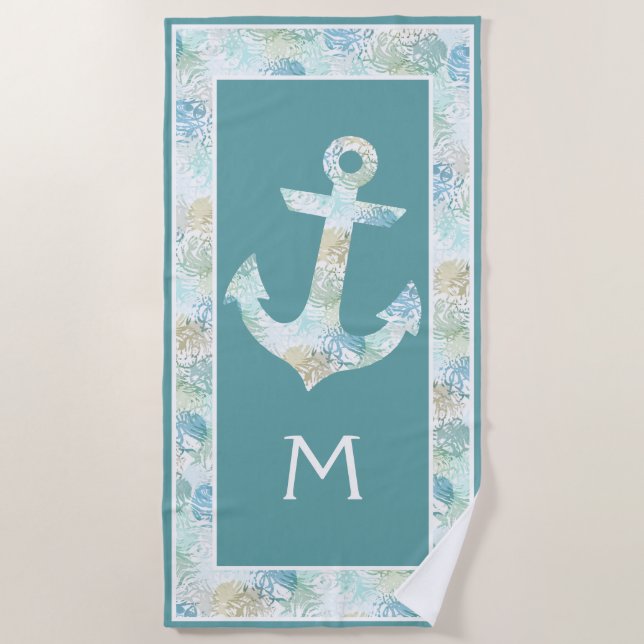 Custom Boat Anchor On Aqua Blue Teal Coral Motif Beach Towel (Front)