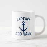 Custom boat captain name & anchor large jumbo mug<br><div class="desc">Personalized boat captain name and anchor extra large jumbo mug. Nautical accessories with navy blue anchor and custom name or monogram initial letters. Maritime Fathers Day, Birthday gift idea for sailor men. Make your own present for skipper dad, father, grandpa, uncle, son, boyfriend, friend, stepfather, stepdad, husband, wedding groom, boss,...</div>