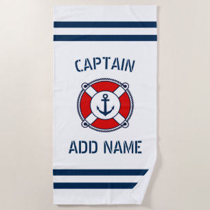Custom boat captain name nautical anchor ring buoy beach towel