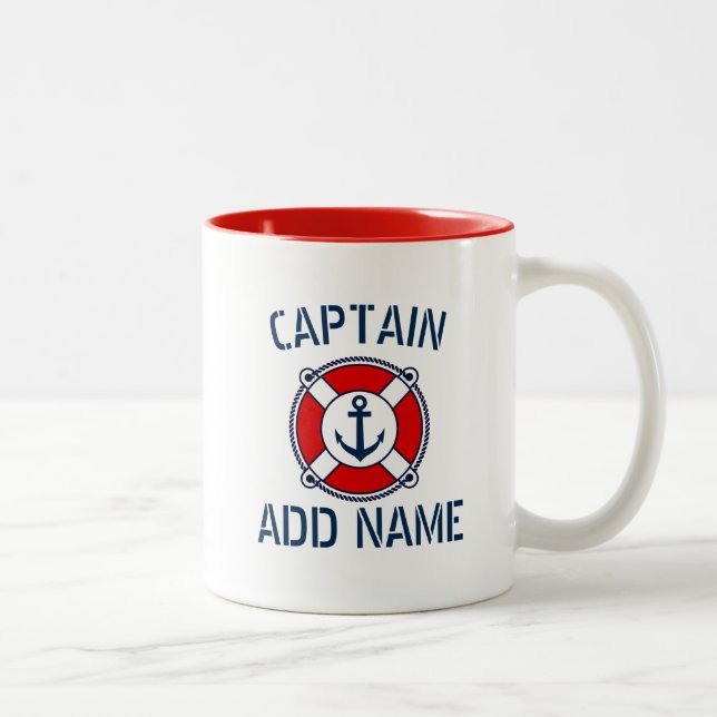 Custom boat captain name navy anchor ring buoy mug (Right)
