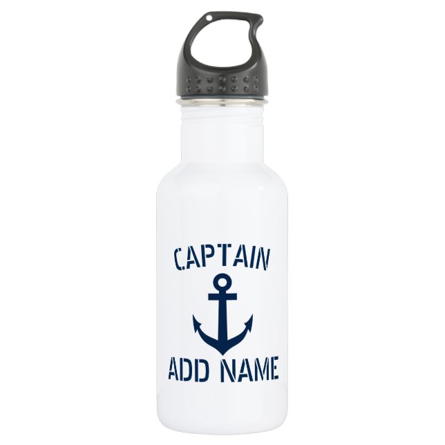 Custom boat captain name navy anchor water bottle (Front)