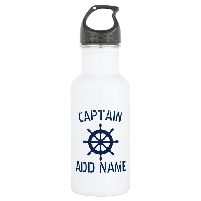 Custom boat captain name ship wheel water bottle (Front)
