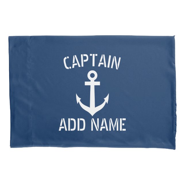 Custom boat captain navy blue nautical ship anchor pillowcase (Front)