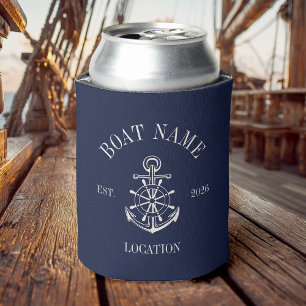 Custom Boat Name Coastal Anchor Nautical Lake Navy Can Cooler