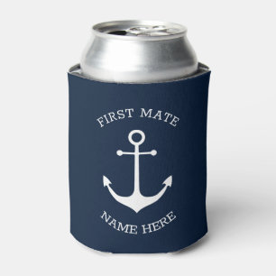 Custom Boat name, First Mate, nautical anchor navy Can Cooler