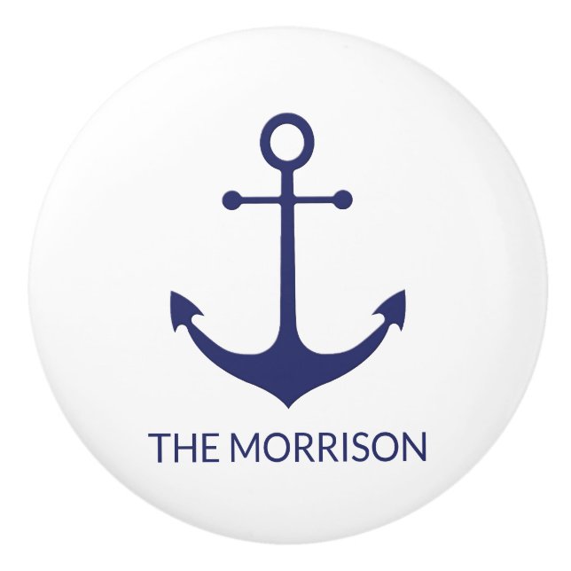 Custom Boat name nautical anchor navy blue white Ceramic Knob (Front)