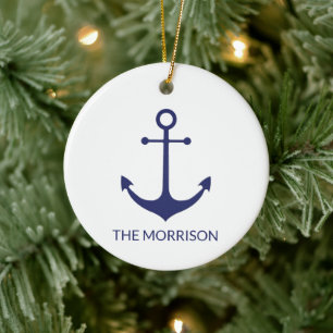 Custom Boat name nautical anchor navy blue white Ceramic Ornament