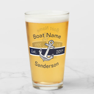 Custom Boat Name Nautical Anchor Navy Blue White Glass