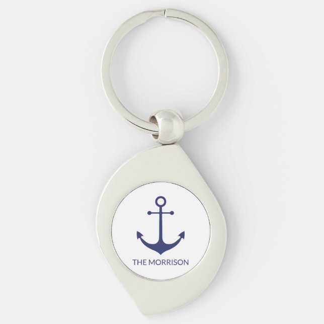 Custom Boat name nautical anchor navy blue white Keychain (Front)