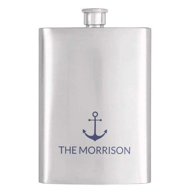 Custom Boat name nautical anchor navy minimalist Hip Flask (Front)