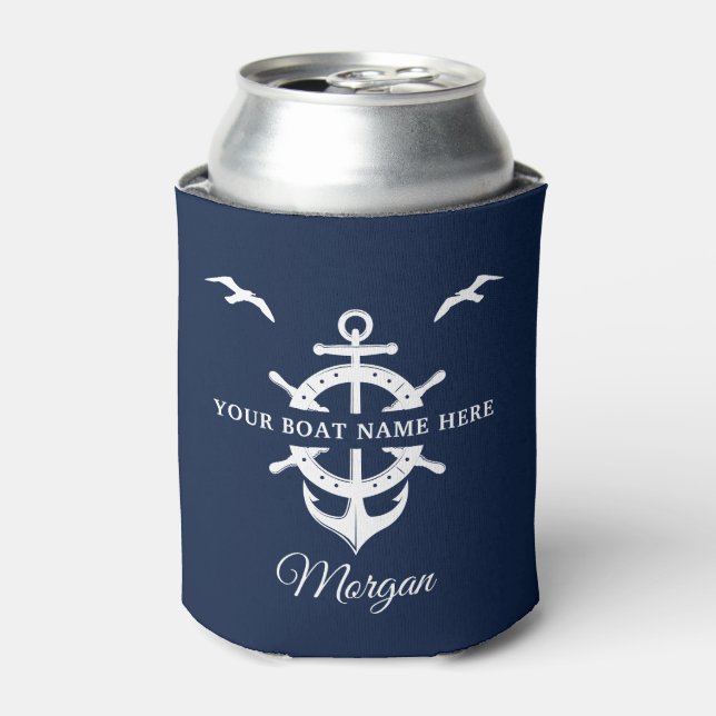 Custom Boat Name Ship’s Wheel Anchor Nautical navy Can Cooler (Can Front)