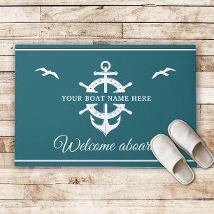Custom Boat Name Ship’s Wheel Anchor Nautical Teal Doormat