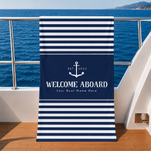 Custom Boat Name Striped Blue White Welcome Aboard Beach Towel