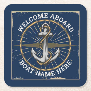 Custom boat name welcome aboard anchor and rope square paper coaster