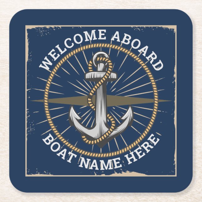 Custom boat name welcome aboard anchor and rope square paper coaster (Front)