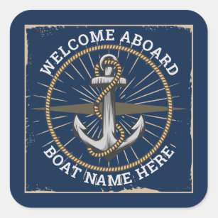 Custom boat name welcome aboard anchor and rope square sticker