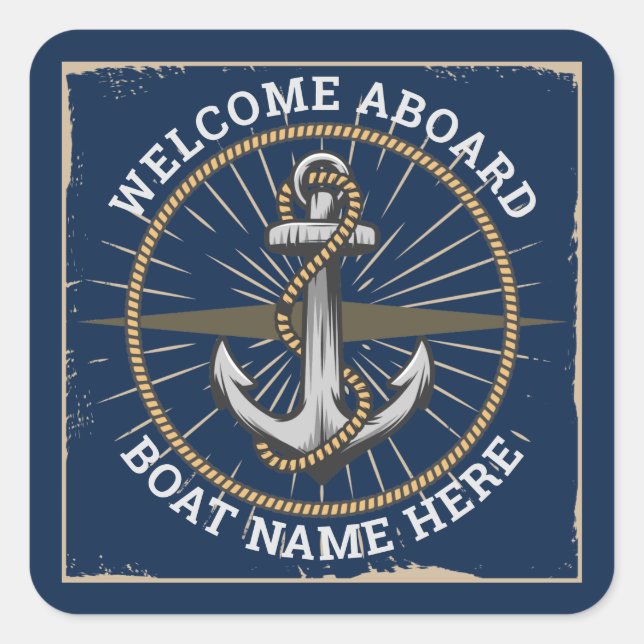 Custom boat name welcome aboard anchor and rope square sticker (Front)