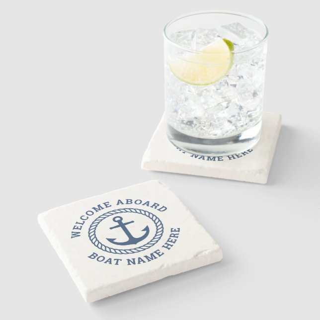 Custom boat name welcome aboard anchor and rope stone coaster (Side)