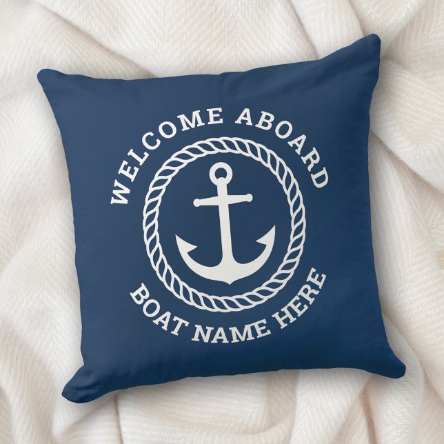 Custom boat name welcome aboard anchor and rope throw pillow (Creator Uploaded)