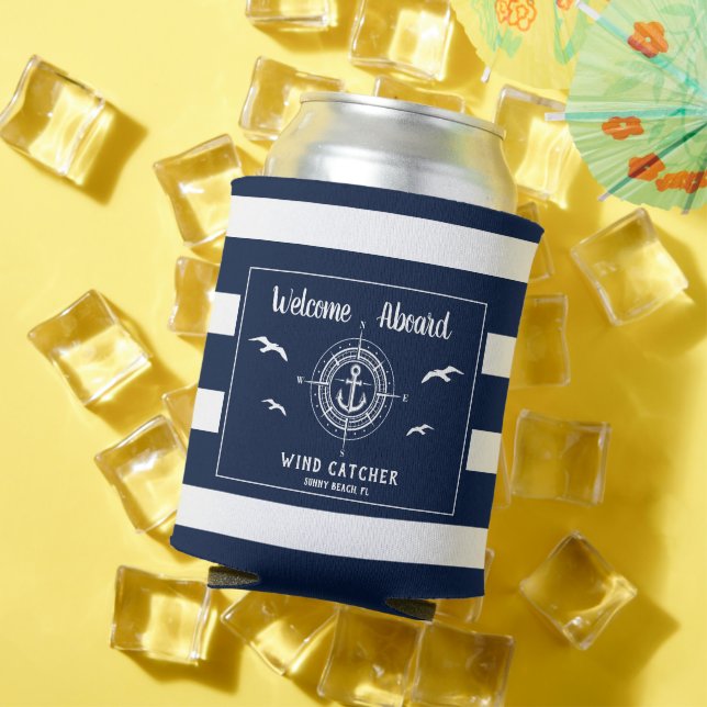 Custom Boat Name Welcome Aboard Anchor Cool Can Cooler (In Situ Summer)