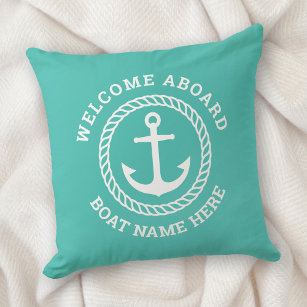 Custom boat name welcome aboard anchor rope teal throw pillow