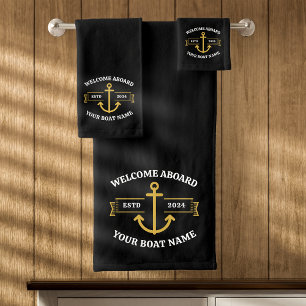 Custom Boat Name Welcome Aboard Black & Gold Bath Towel Set