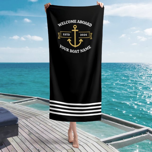 Custom Boat Name Welcome Aboard Black & Gold Beach Towel (Creator Uploaded)