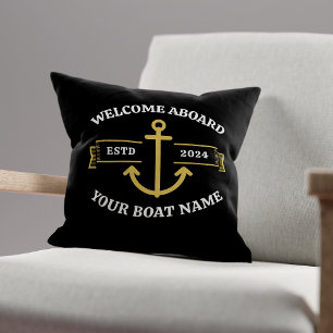 Custom Boat Name Welcome Aboard Black & Gold Throw Pillow