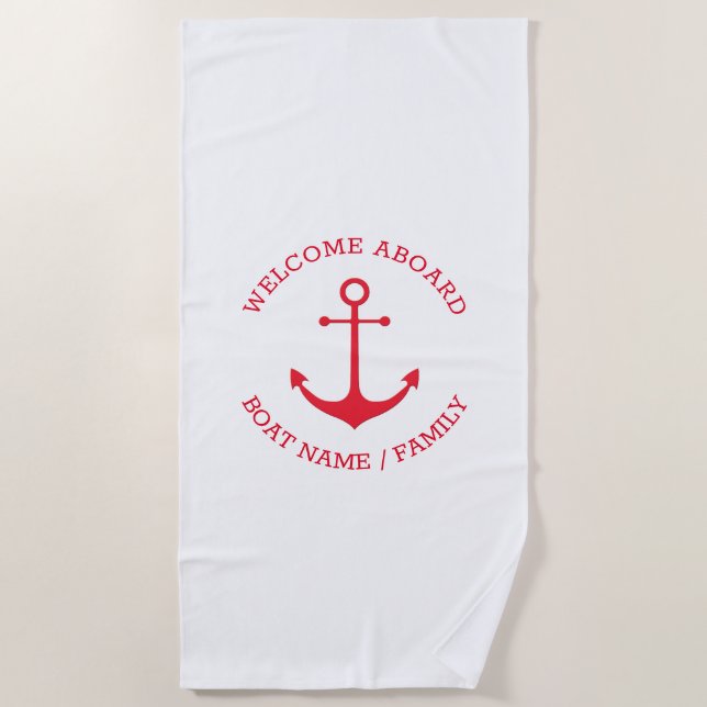 Custom Boat name Welcome Aboard nautical anchor Beach Towel (Front)