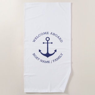 Custom Boat name Welcome Aboard nautical anchor Beach Towel