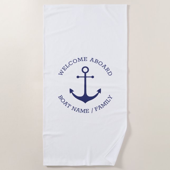 Custom Boat name Welcome Aboard nautical anchor Beach Towel (Front)