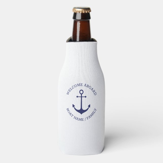 Custom Boat name Welcome Aboard nautical anchor Bottle Cooler (Bottle Front)