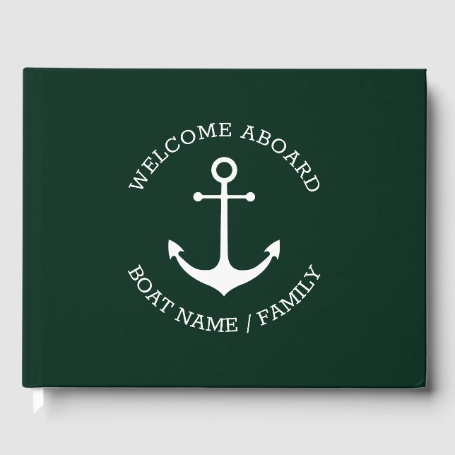 Custom Boat name Welcome Aboard nautical anchor  Guest Book (Front)