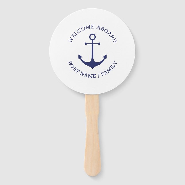 Custom Boat name Welcome Aboard nautical anchor Hand Fan (Front)