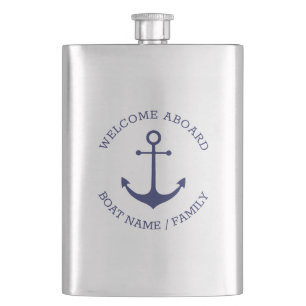 Custom Boat name Welcome Aboard nautical anchor Hip Flask