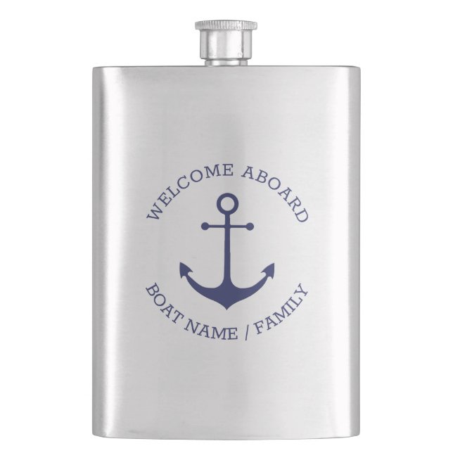 Custom Boat name Welcome Aboard nautical anchor Hip Flask (Front)