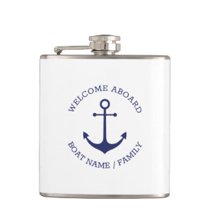 Custom Boat name Welcome Aboard nautical anchor Hip Flask